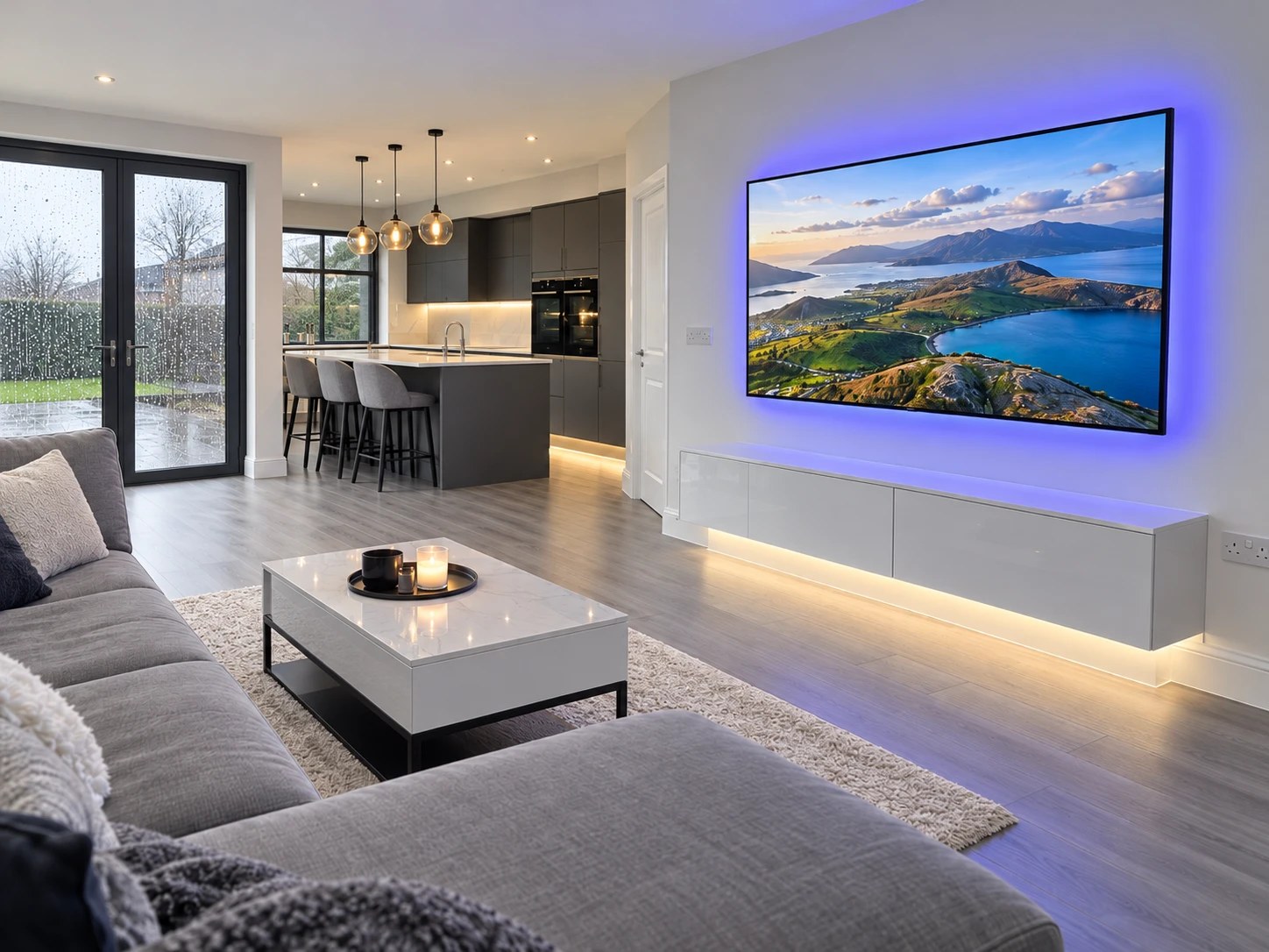 An open-plan new-build living room with a large TV mounted on the wall and the cables hidden