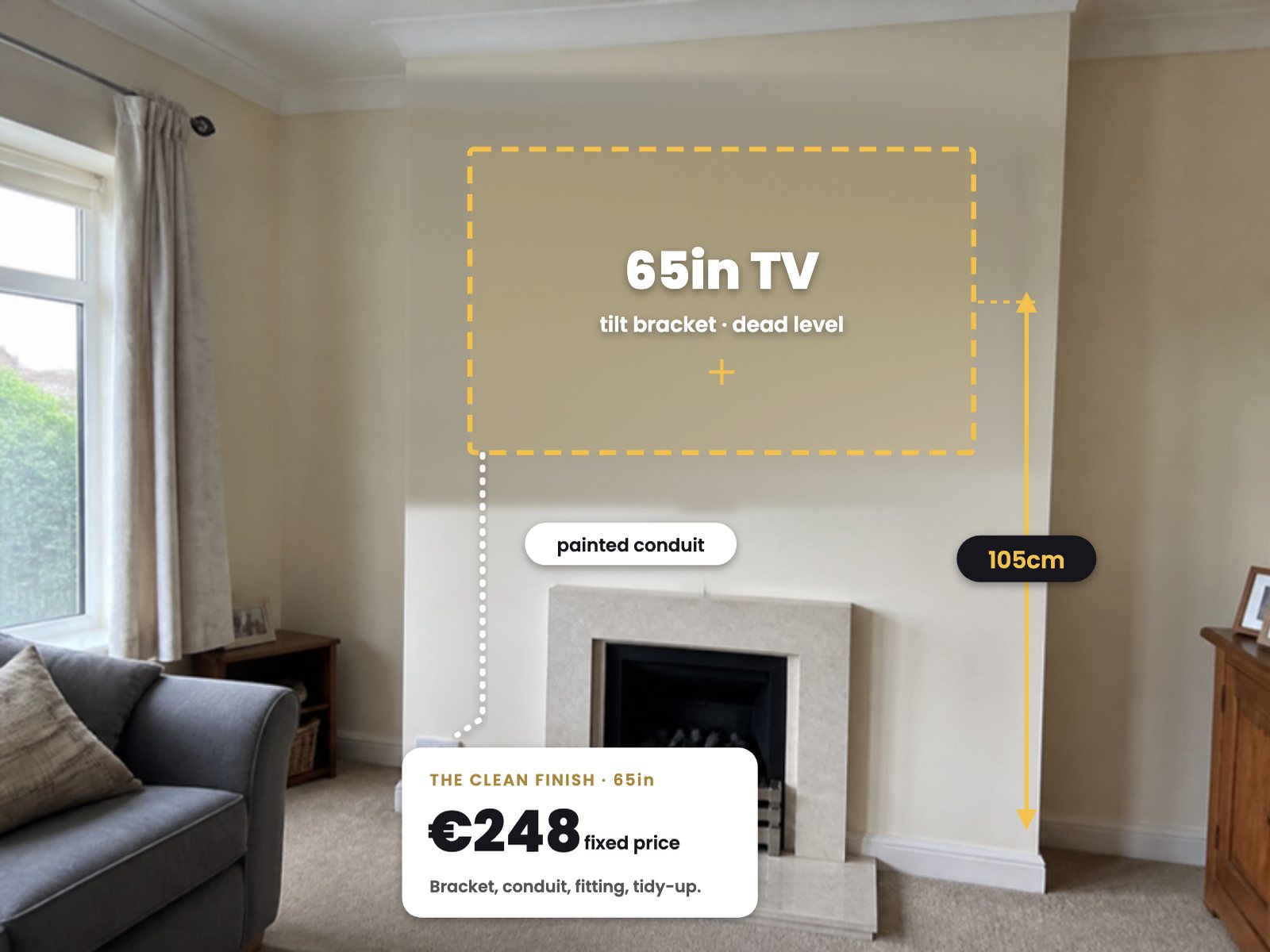 The wall photo marked up with the TV position, the height and the fixed price