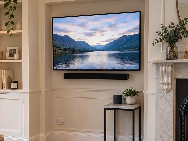 After: 55in · alcove · cables hidden in wall · soundbar
