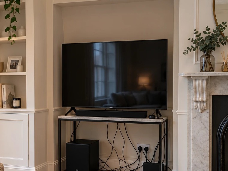 Before: 55in · alcove · cables hidden in wall · soundbar