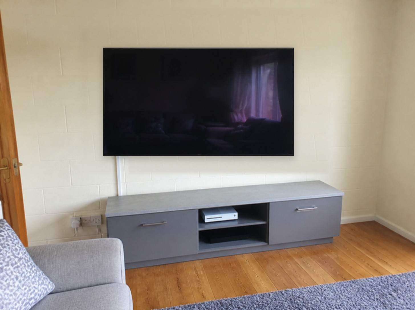 After: 75in · block wall · full motion