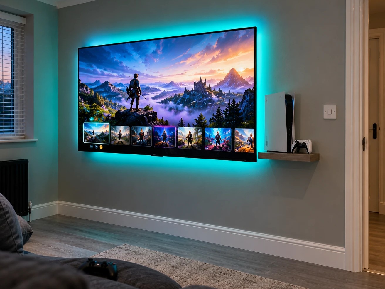 A 65 inch TV in a games room with the console on a floating shelf beside it