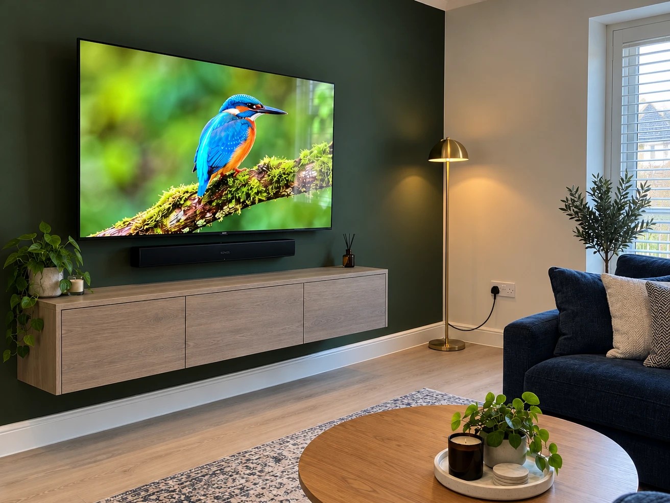 65in · feature wall · cables hidden · soundbar