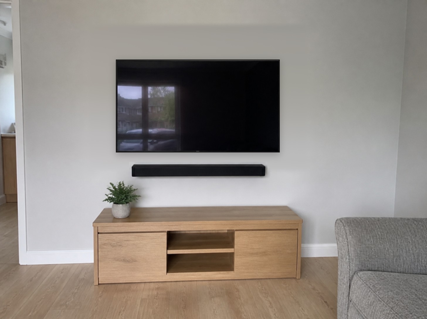 After: 65in · plasterboard · cables hidden in wall · soundbar