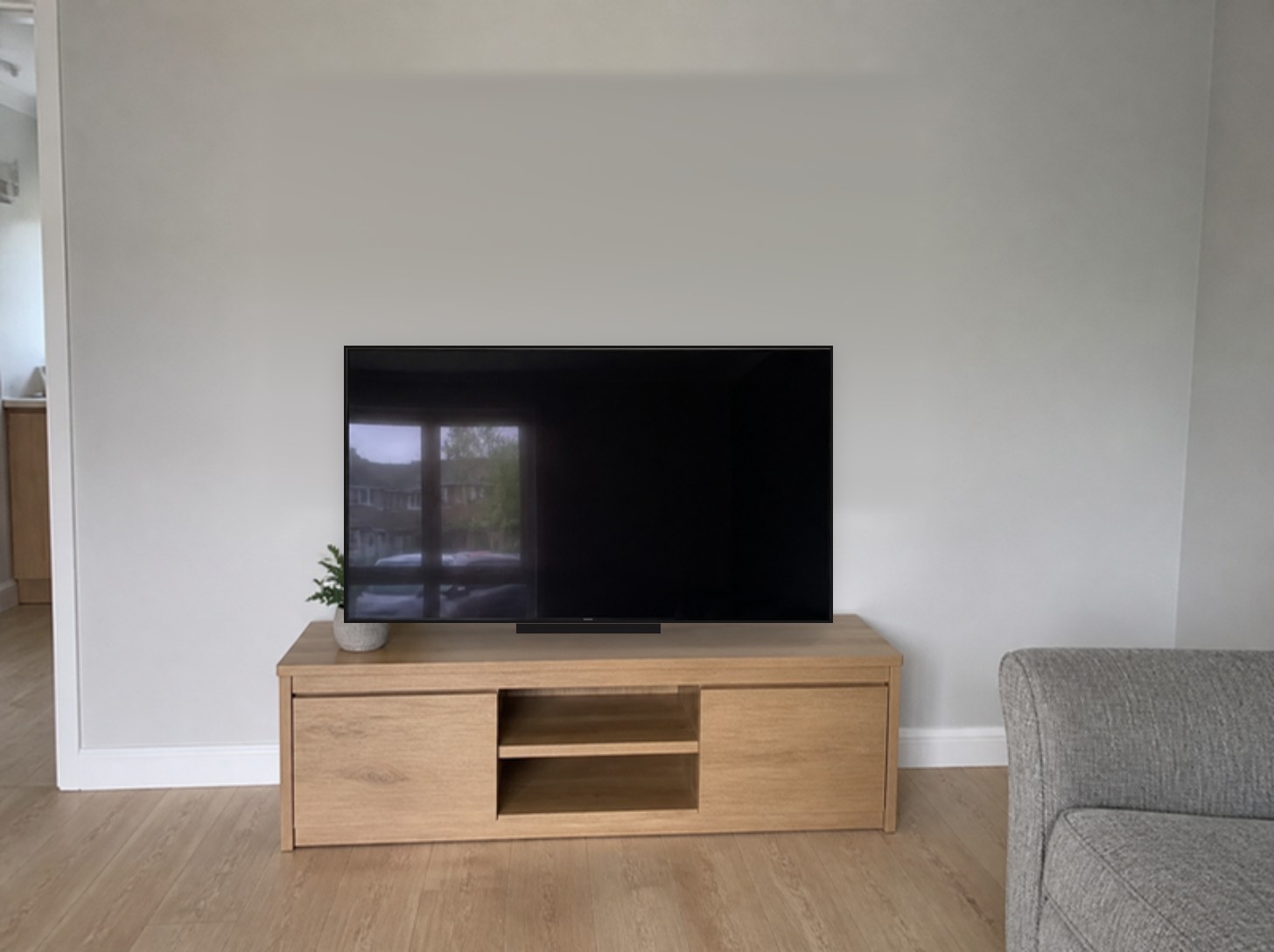 Before: 65in · plasterboard · cables hidden in wall · soundbar