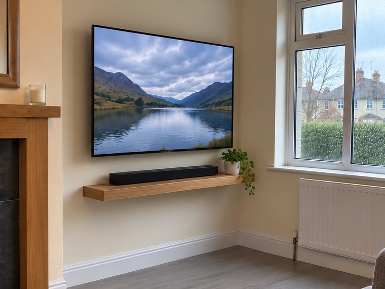 After: 55in · plasterboard · floating shelf · soundbar