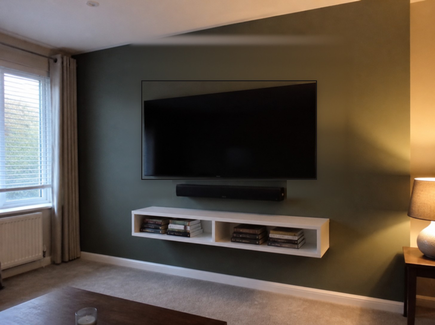 After: 55in · plasterboard · soundbar · hidden cables