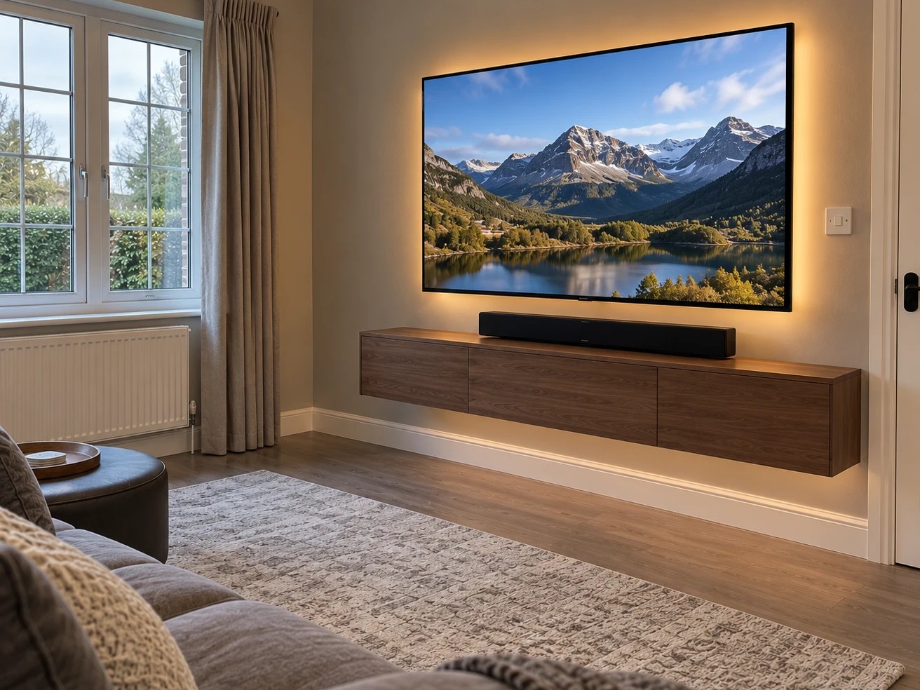 65in · plasterboard · cables hidden · soundbar