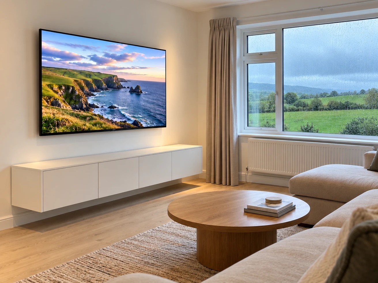 75in · plasterboard · cables hidden · floating unit